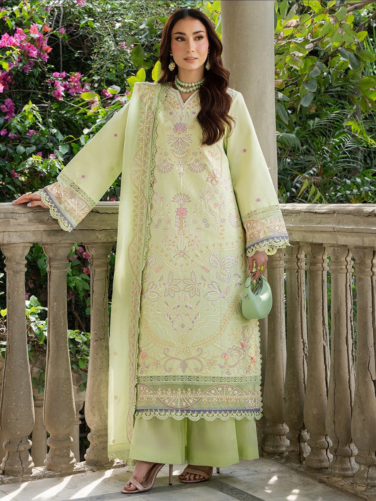 Mint Green Mahnur Amaya Lawn'26 Embroidered Unstitched 3-Piece Suit-MU-13