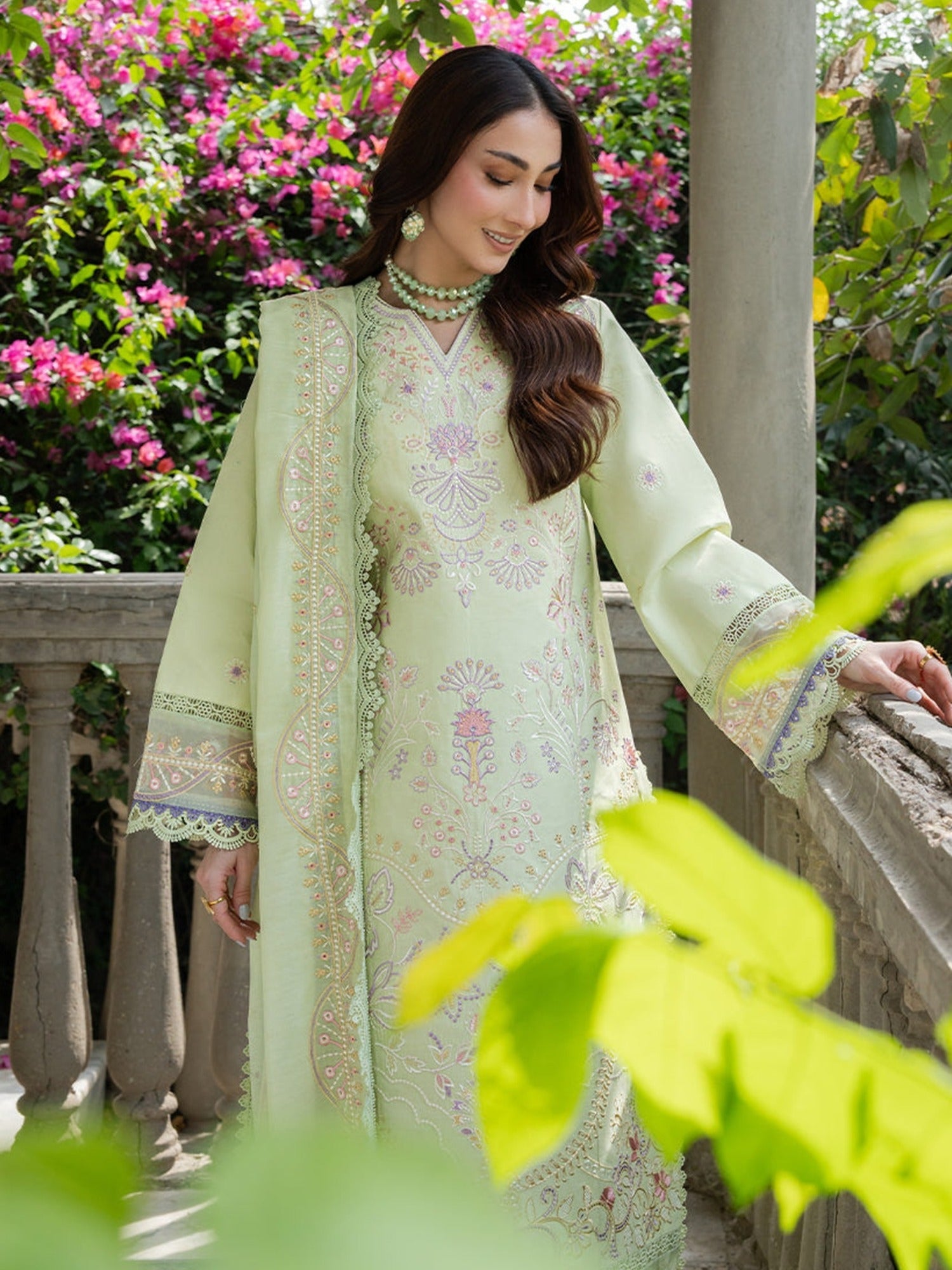 Mint Green Mahnur Amaya Lawn'26 Embroidered Unstitched 3-Piece Suit-MU-13