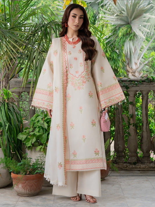 Cream Mahnur Amaya Lawn'26 Embroidered Stitched 3-Piece Suit-MU-05