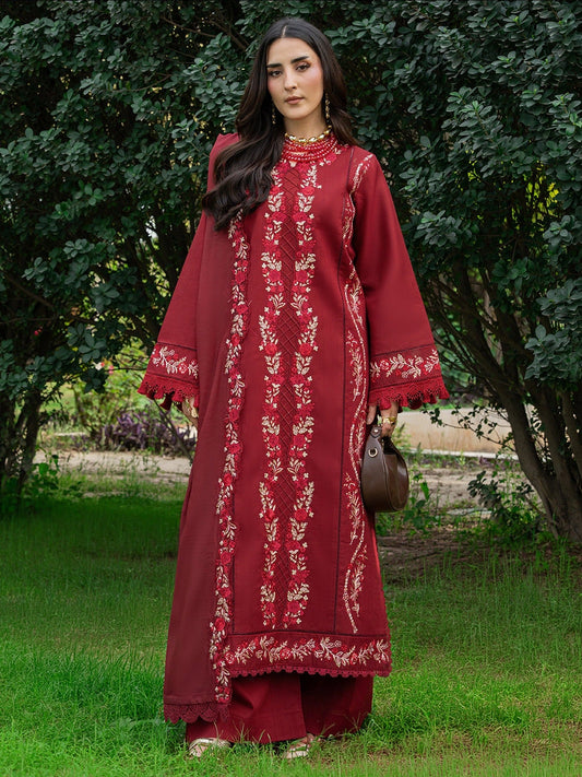 Maroon Mahnur Amaya Lawn'26 Embroidered Stitched 3-Piece Suit-MU-09