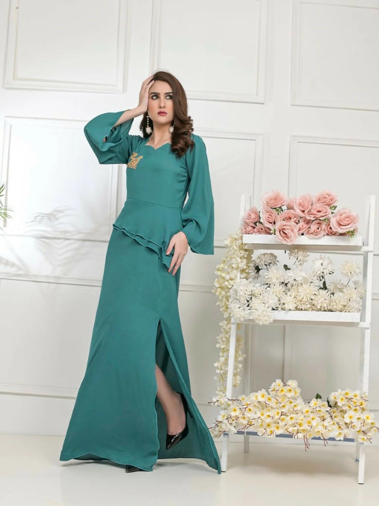 Green-Ruby's Couture Basic Element'25 Georgette Dress Set-Seaweed