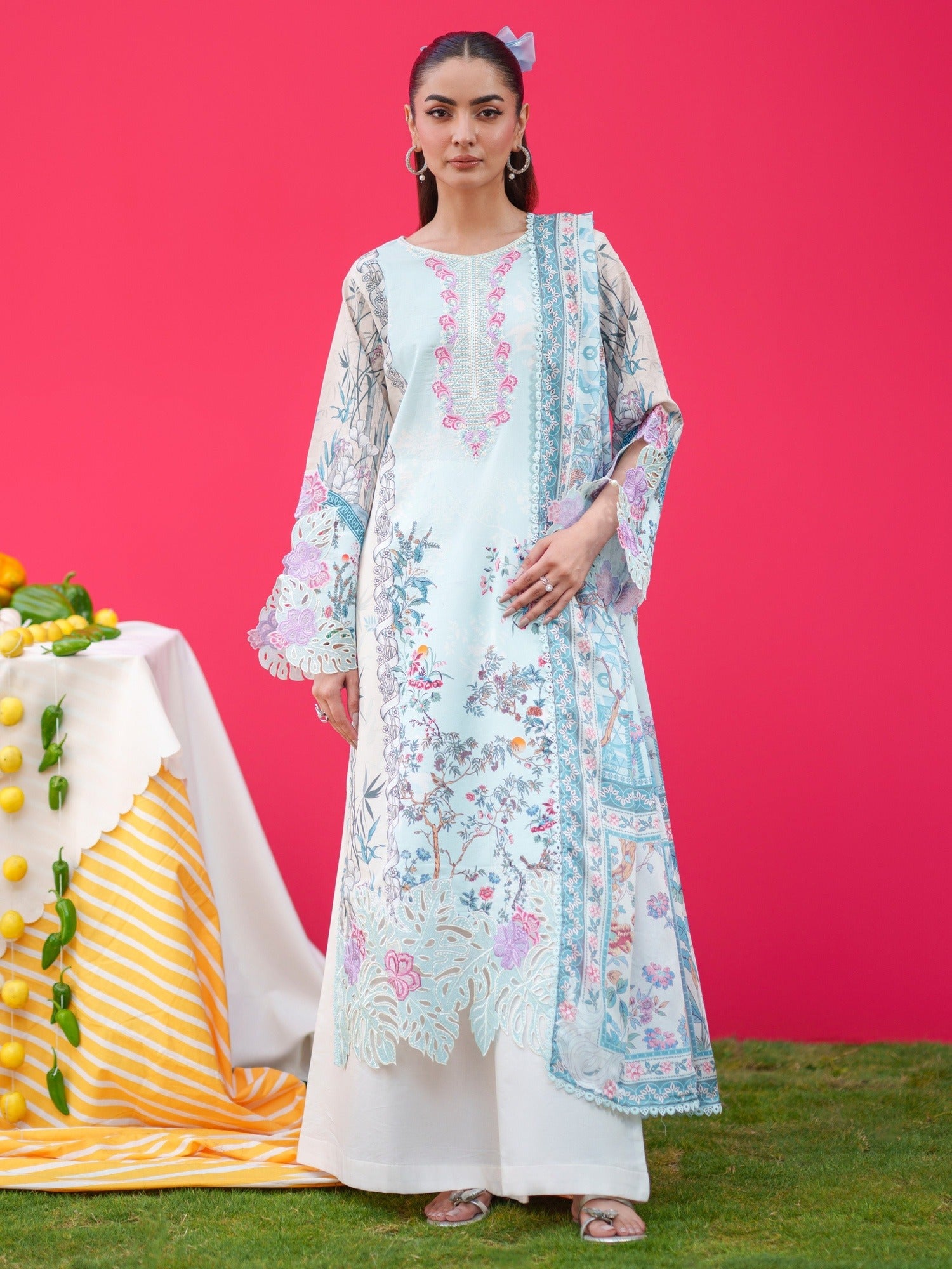 Blue cream Parishay Azmir Printed Lawn'26 Embroidered Unstitched 3-Piece Suit-AZ-11