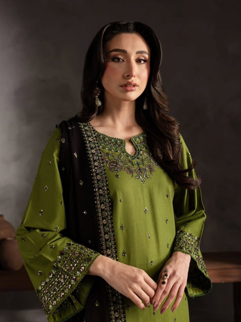Olive Ayat Closet Linen Embroidered Stitched 3 Piece Suit Ezzal