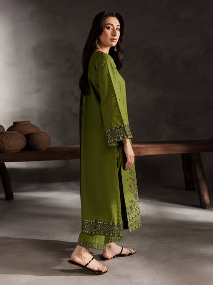 Olive Ayat Closet Linen Embroidered Stitched 3-Piece Suit-Ezzal