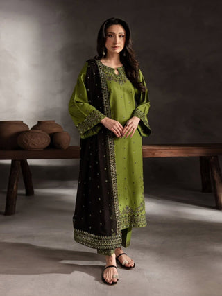 Olive Ayat Closet Linen Embroidered Stitched 3 Piece Suit Ezzal