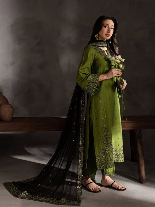 Olive Ayat Closet Linen Embroidered Stitched 3-Piece Suit-Ezzal