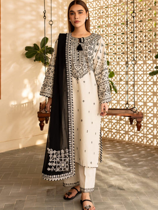 White Ayat Closet Linen Embroidered Stitched 3-Piece Suit-White Lime