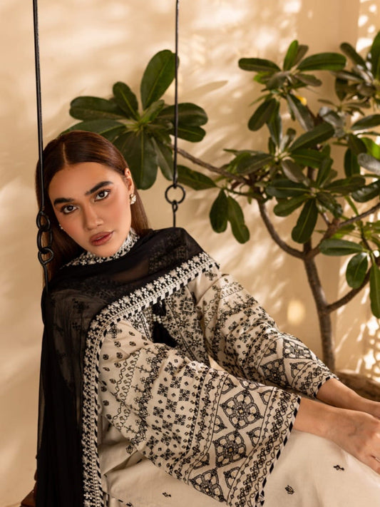 White Ayat Closet Linen Embroidered Stitched 3-Piece Suit-White Lime