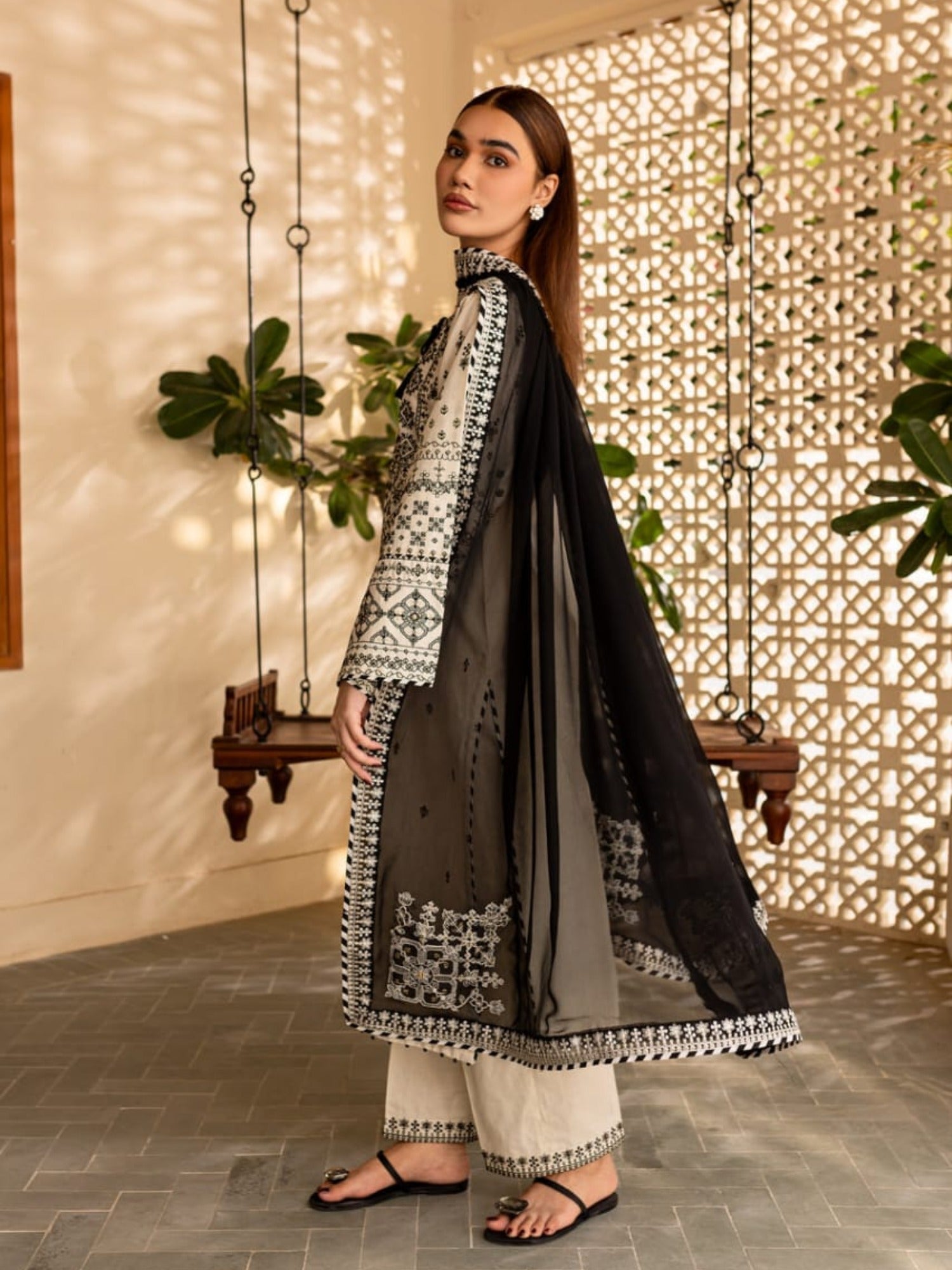 White Ayat Closet Linen Embroidered Stitched 3-Piece Suit-White Lime