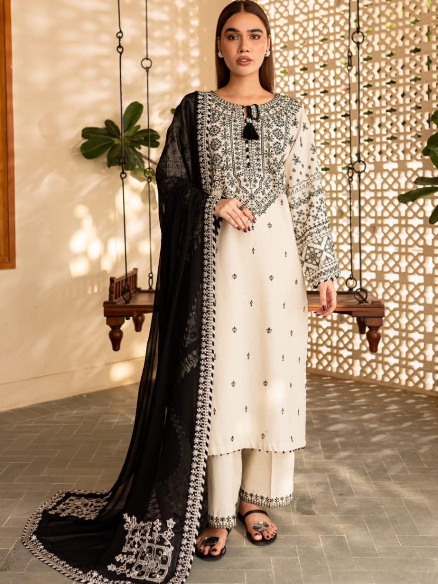 White Ayat Closet Linen Embroidered Stitched 3-Piece Suit-White Lime