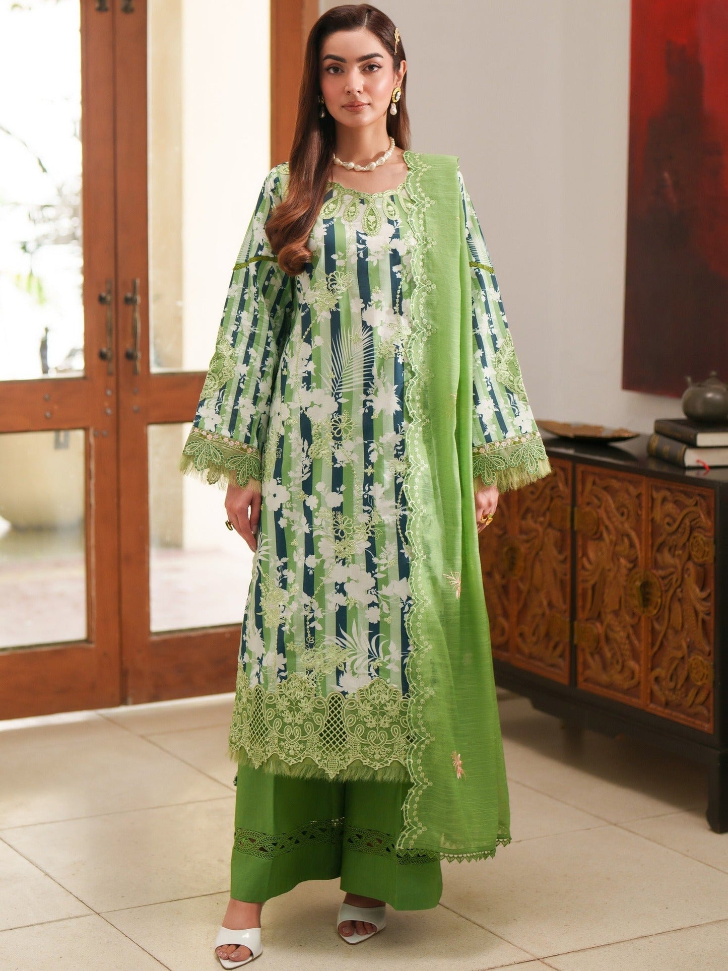 Green Parishay Azmir Printed Lawn '26 Embroidered Unstitched 3-Piece Suit-AZ-01