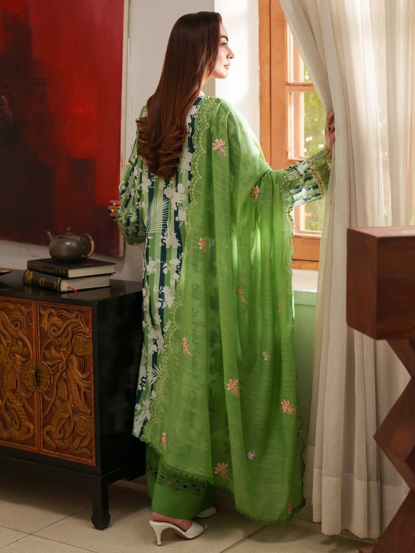Green Parishay Azmir Printed Lawn '26 Embroidered Unstitched 3-Piece Suit-AZ-01