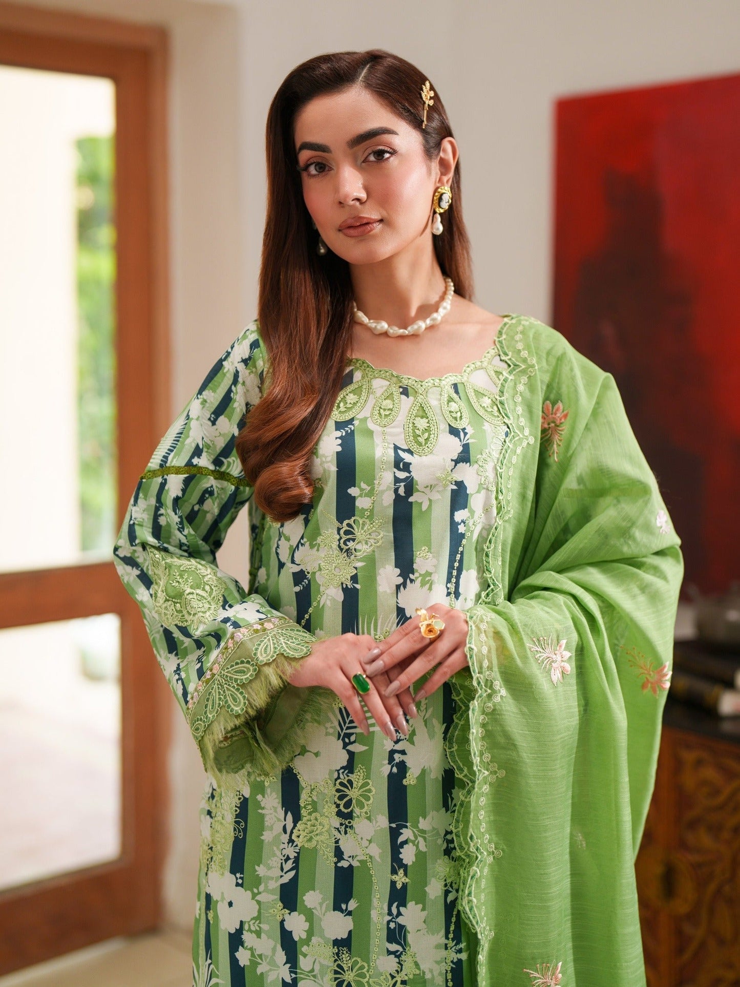 Green Parishay Azmir Printed Lawn '26 Embroidered Unstitched 3-Piece Suit-AZ-01