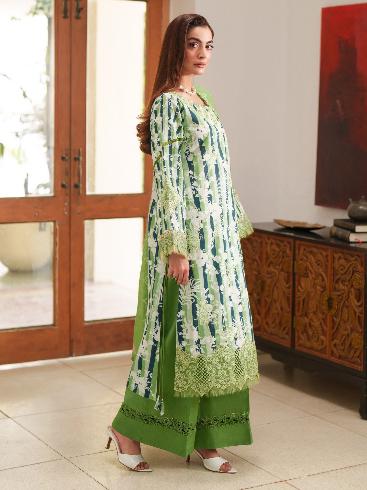 Green Parishay Azmir Printed Lawn '26 Embroidered Unstitched 3-Piece Suit-AZ-01
