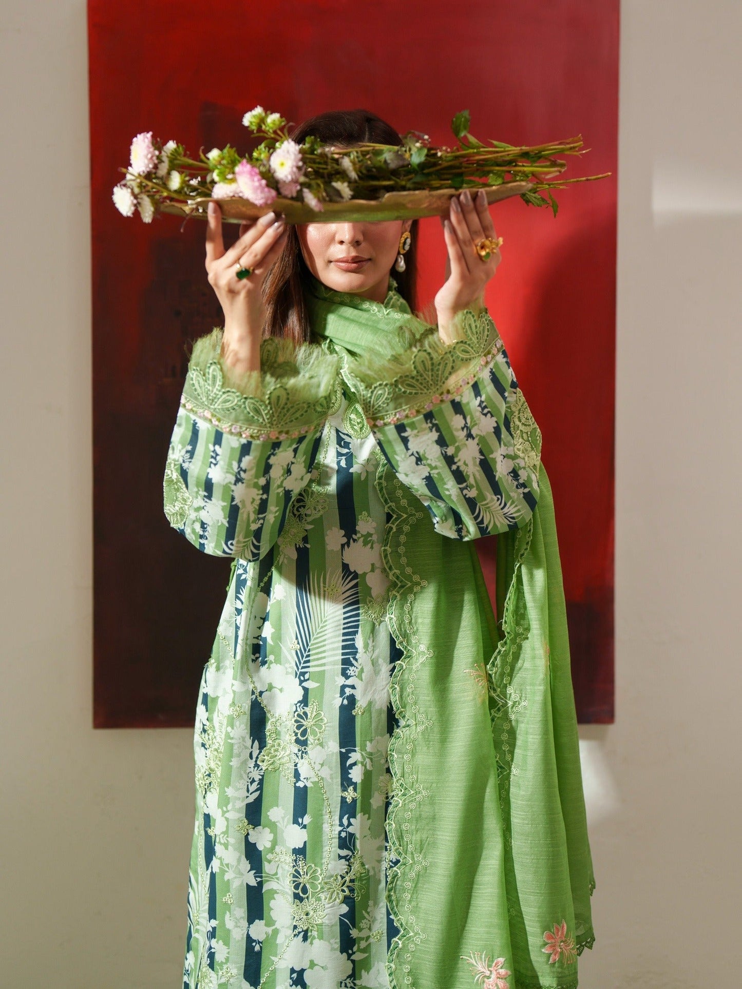 Green Parishay Azmir Printed Lawn '26 Embroidered Unstitched 3-Piece Suit-AZ-01