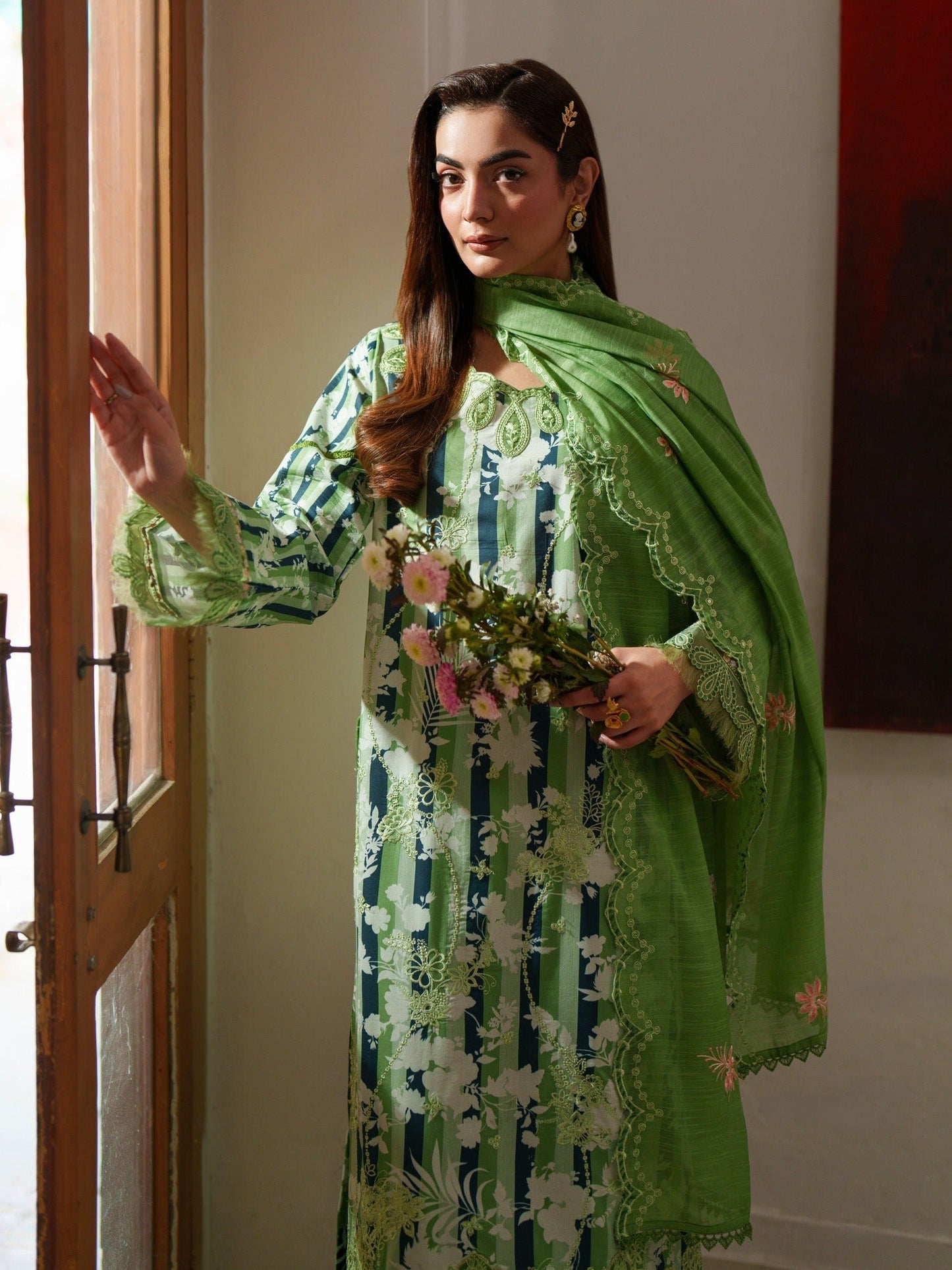Green Parishay Azmir Printed Lawn '26 Embroidered Unstitched 3-Piece Suit-AZ-01
