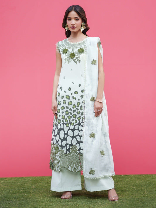 Green Parishay Azmir Printed Lawn '26 Embroidered Unstitched 3-Piece Suit-AZ-03