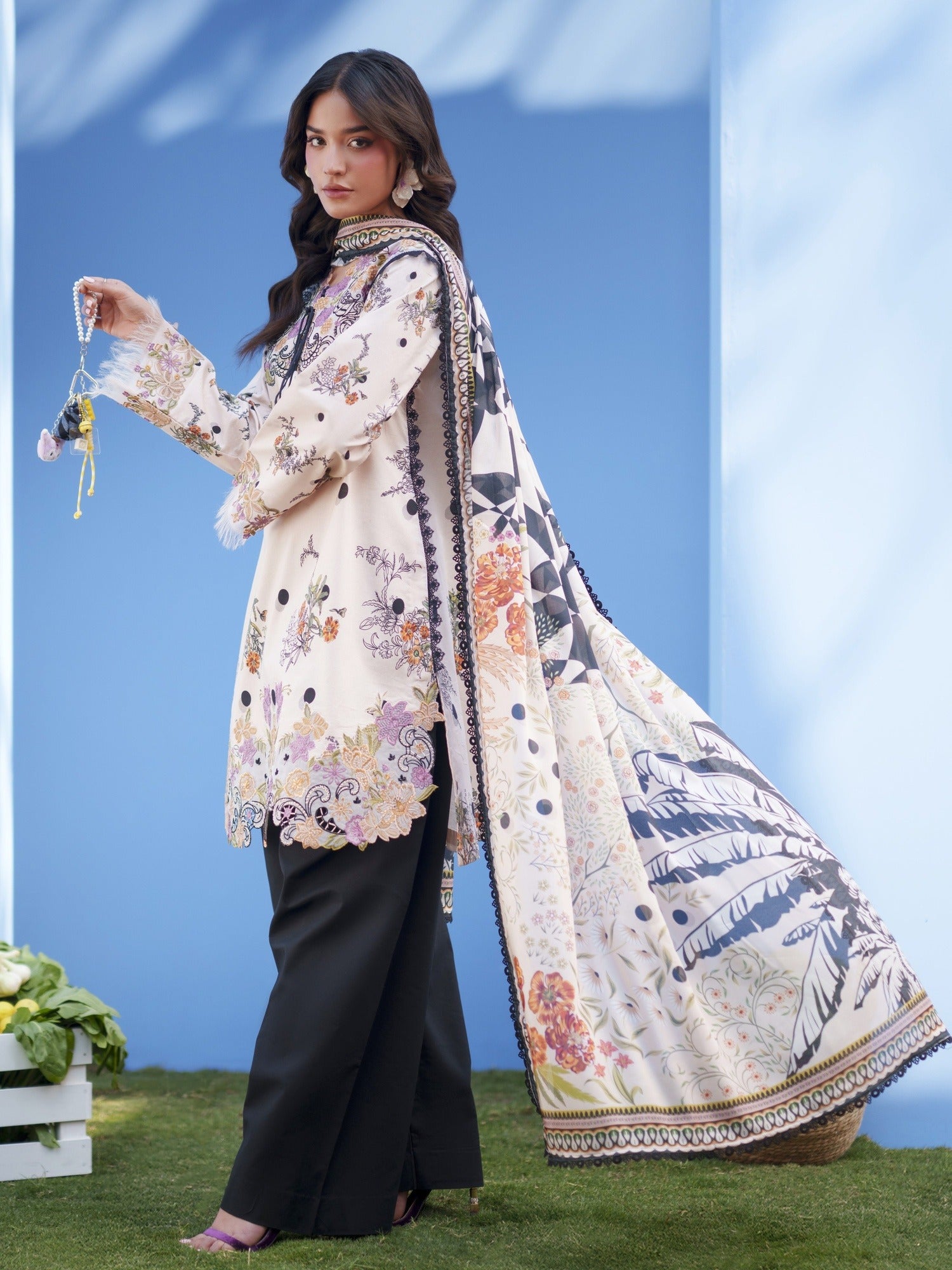 Black Cream Parishay Azmir Printed Lawn'26 Embroidered Unstitched 3-Piece Suit-AZ-08