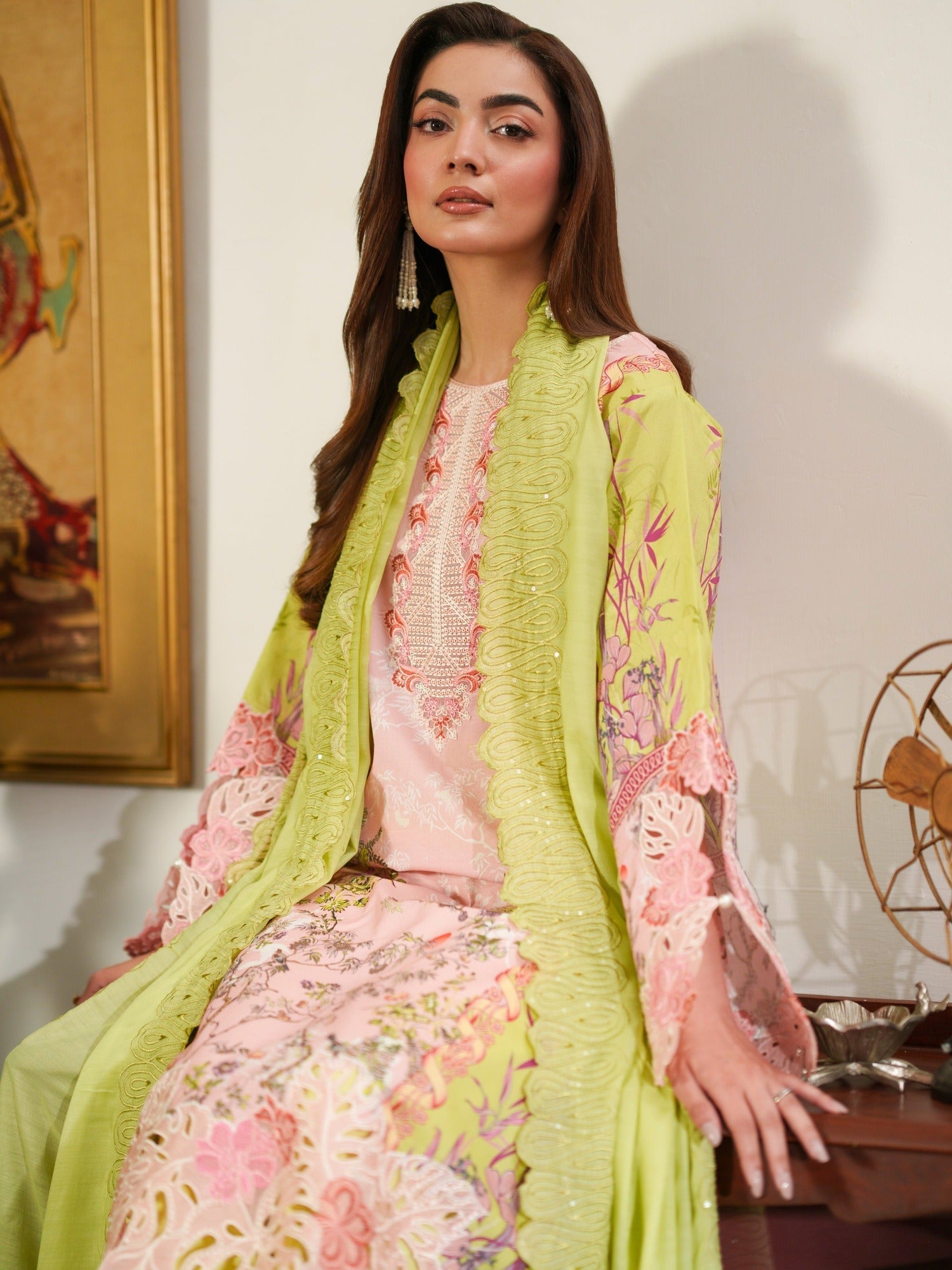 Green Pink Parishay Azmir Printed Lawn'26 Embroidered Unstitched 3-Piece Suit-AZ-12