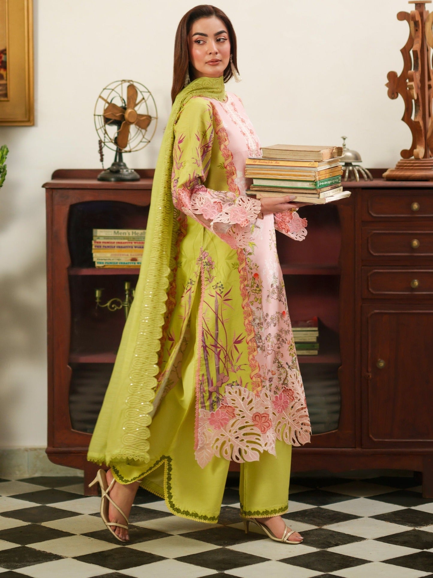 Green Pink Parishay Azmir Printed Lawn'26 Embroidered Unstitched 3-Piece Suit-AZ-12
