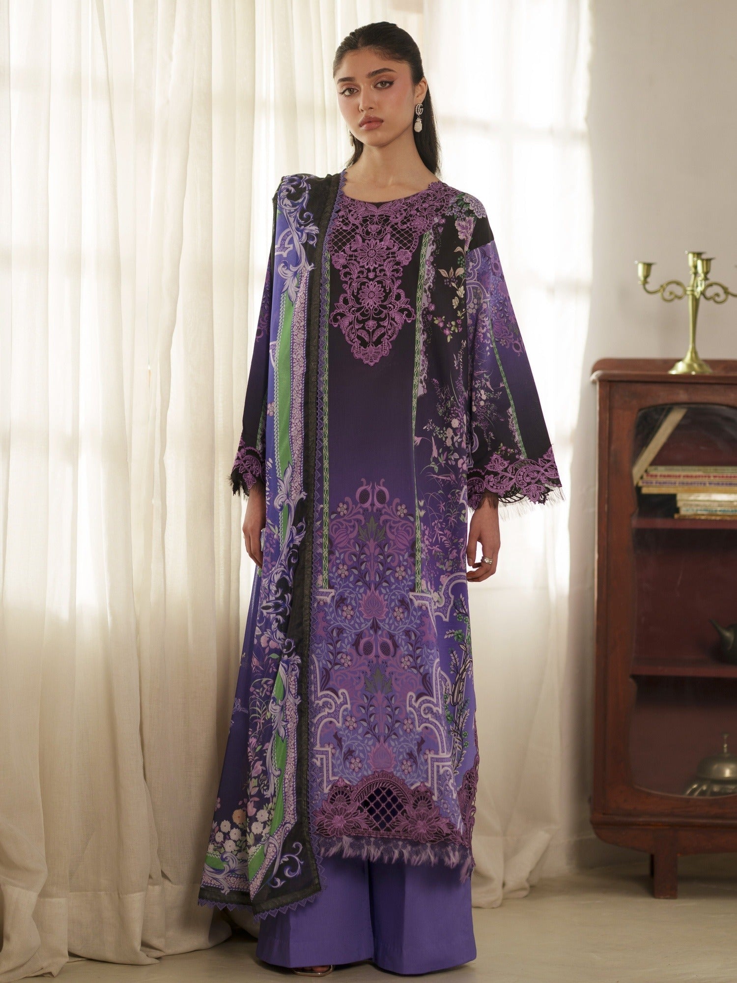 Purple Parishay Azmir Printed Lawn'26 Embroidered Unstitched 3-Piece Suit-AZ-13