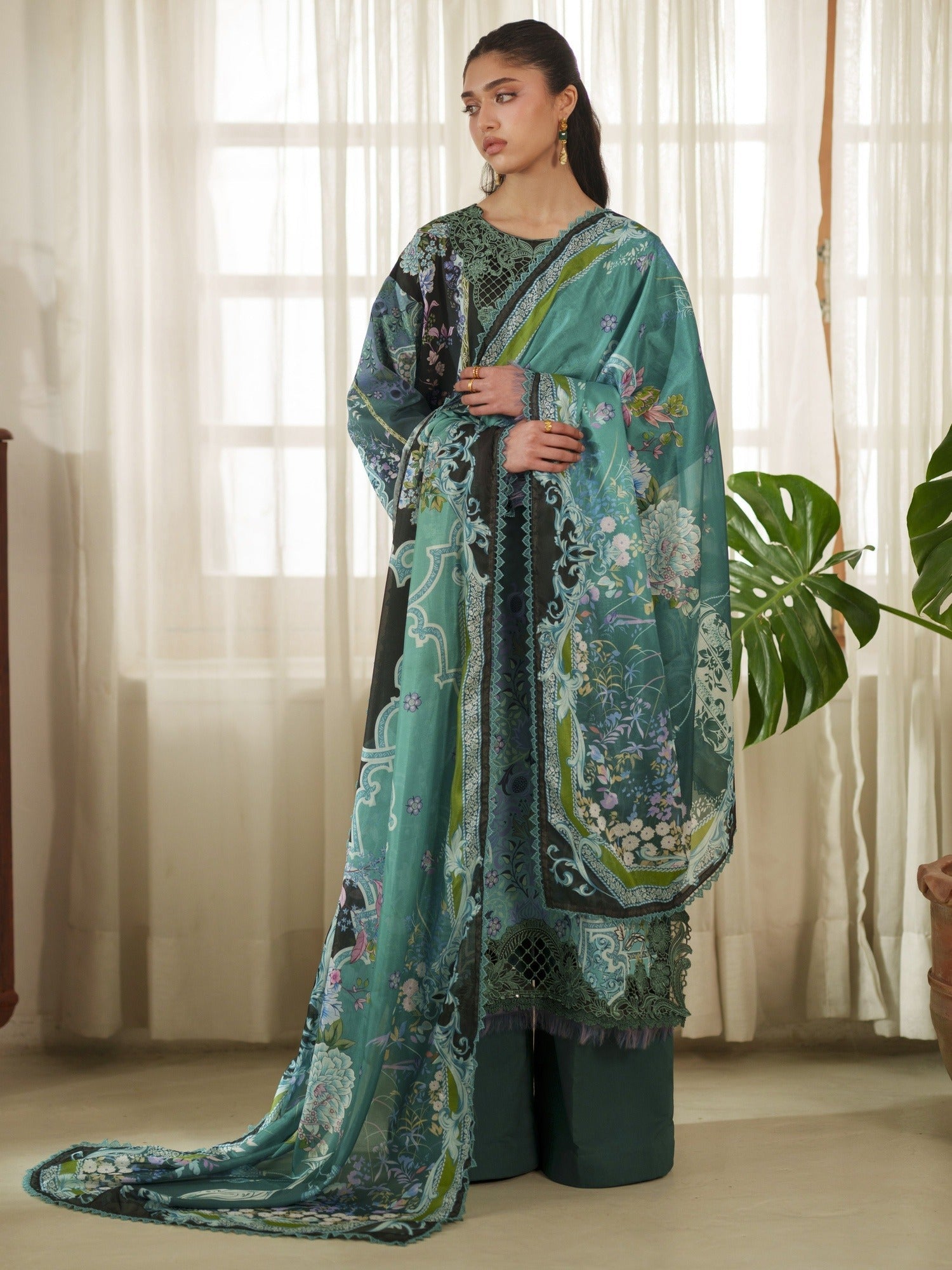 Green Parishay Azmir Printed Lawn'26 Embroidered Unstitched 3-Piece Suit-AZ-14