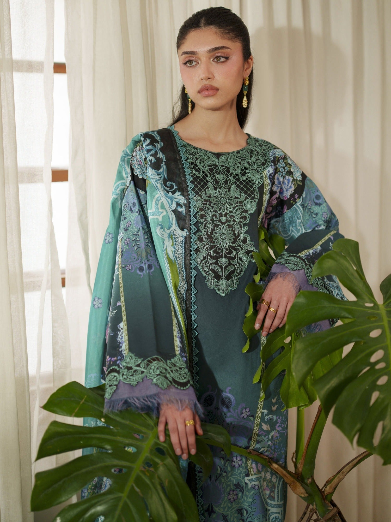 Green Parishay Azmir Printed Lawn'26 Embroidered Unstitched 3-Piece Suit-AZ-14