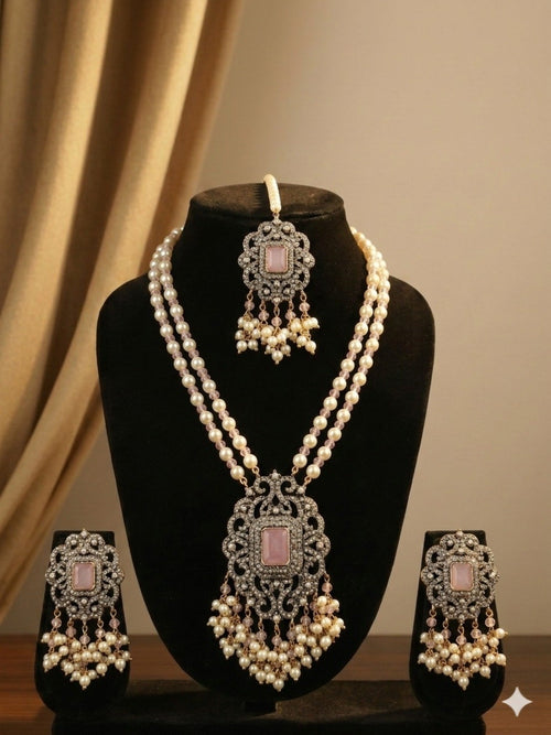 Orya Jewellery Zircon Pearl Maang Necklace Earrings Set-Pink S16