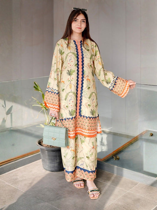 Cream MH Cloth House Blended Lawn Printed Co-Ord Set-Sanobar