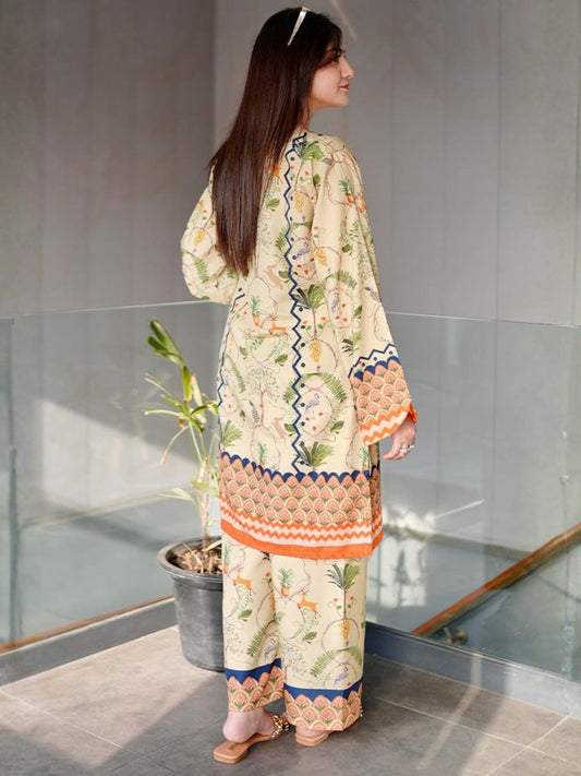 Cream MH Cloth House Blended Lawn Printed Co-Ord Set-Sanobar