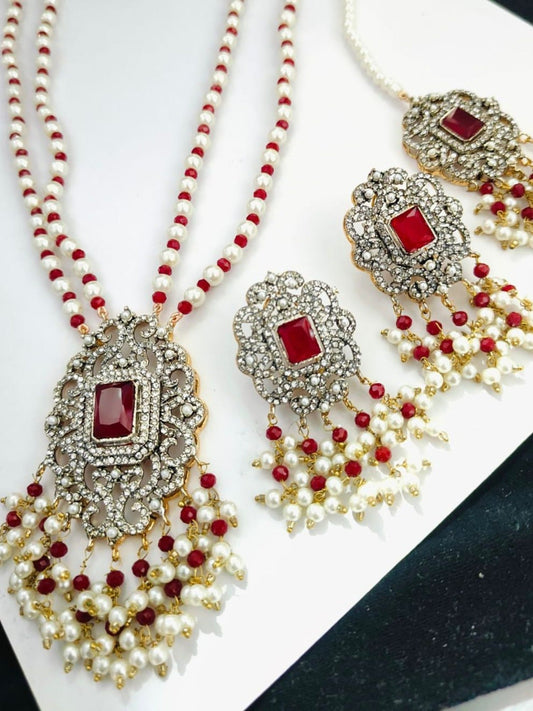 Red-Orya Jewellery Red Pearl Jewellery Set