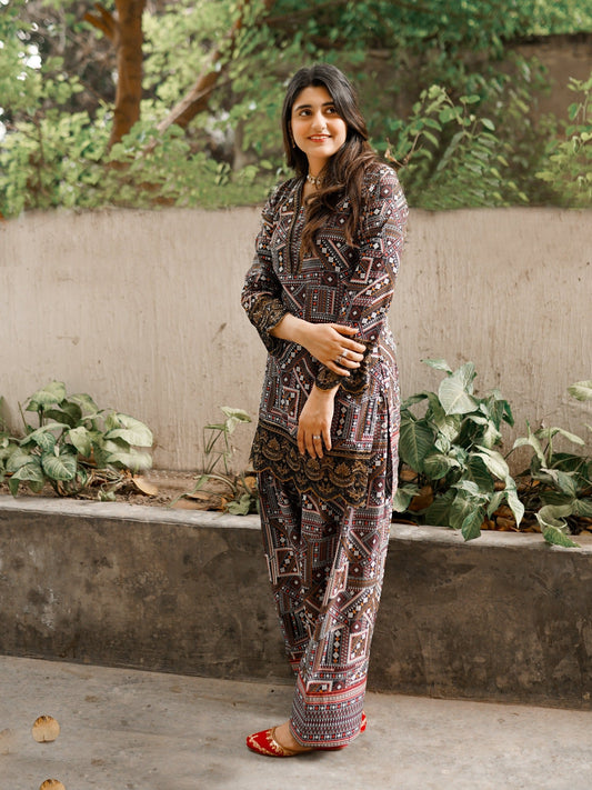 Multi MH Cloth House Blended Lawn Embroidered Stitched 2-Piece Suit-Ajrak-e-Sukhan