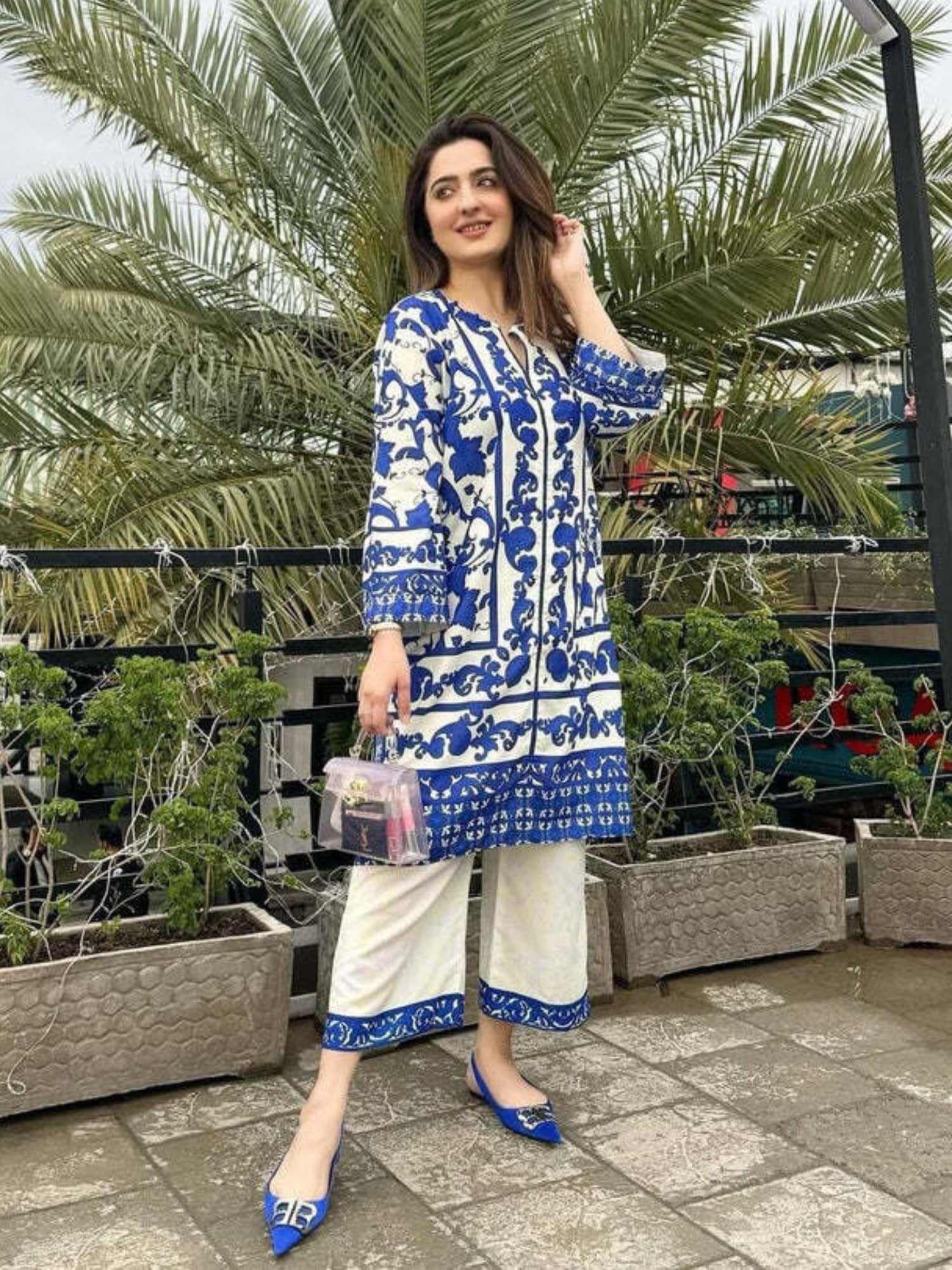 Cream Blue MH Cloth House Blended Lawn Printed Co-Ord Set-Tasawur