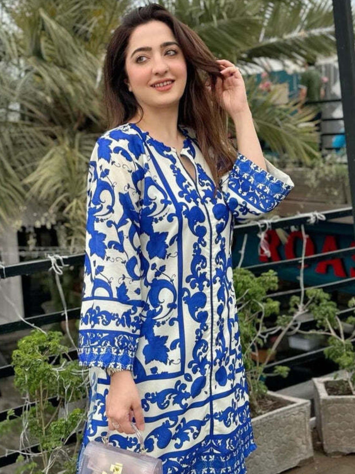 Cream Blue MH Cloth House Blended Lawn Printed Co-Ord Set-Tasawur