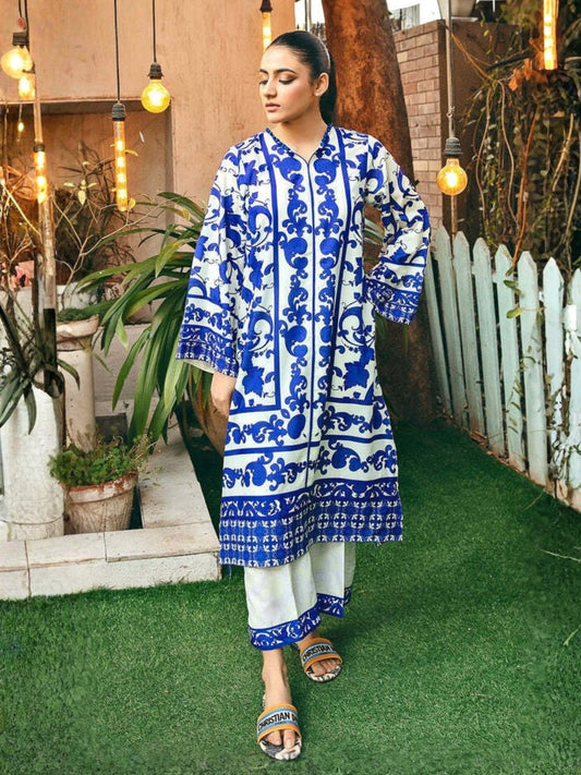 Cream Blue MH Cloth House Blended Lawn Printed Co-Ord Set-Tasawur