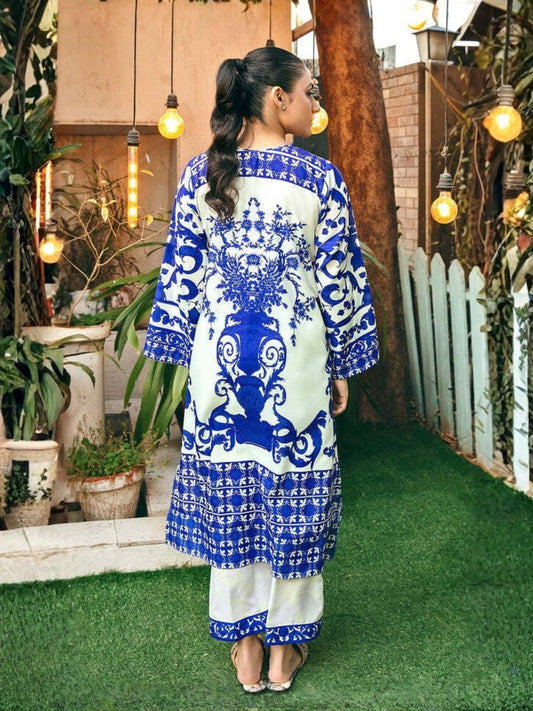 Cream Blue MH Cloth House Blended Lawn Printed Co-Ord Set-Tasawur