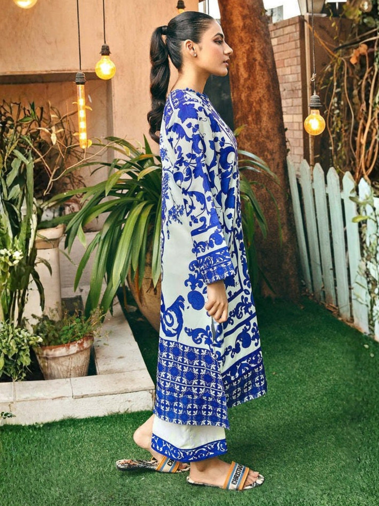 Cream Blue MH Cloth House Blended Lawn Printed Co-Ord Set-Tasawur