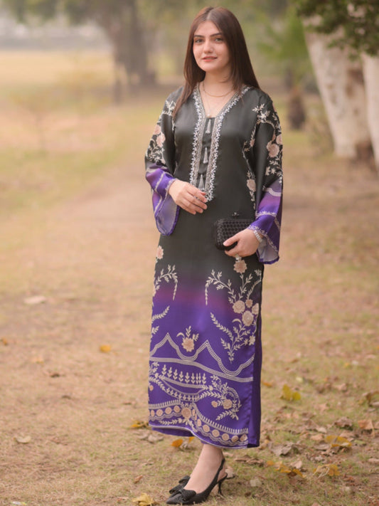 Purple black MH Cloth House Silk Printed Stitched 2-Piece Suit-Husnara