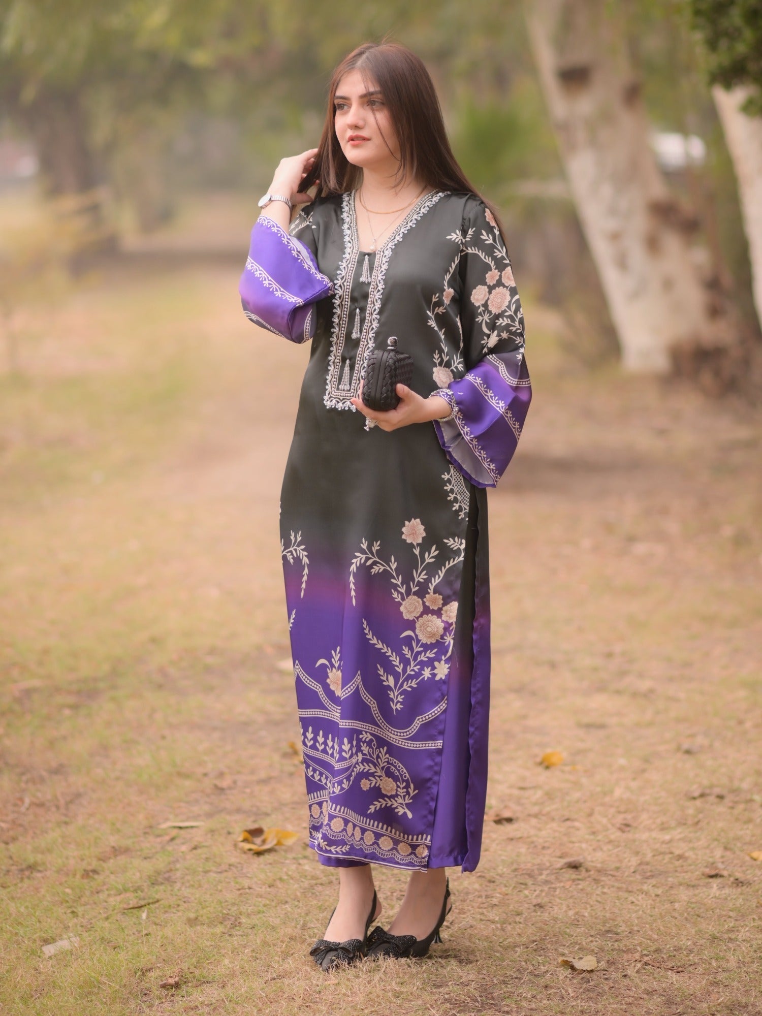 Purple black MH Cloth House Silk Printed Stitched 2-Piece Suit-Husnara