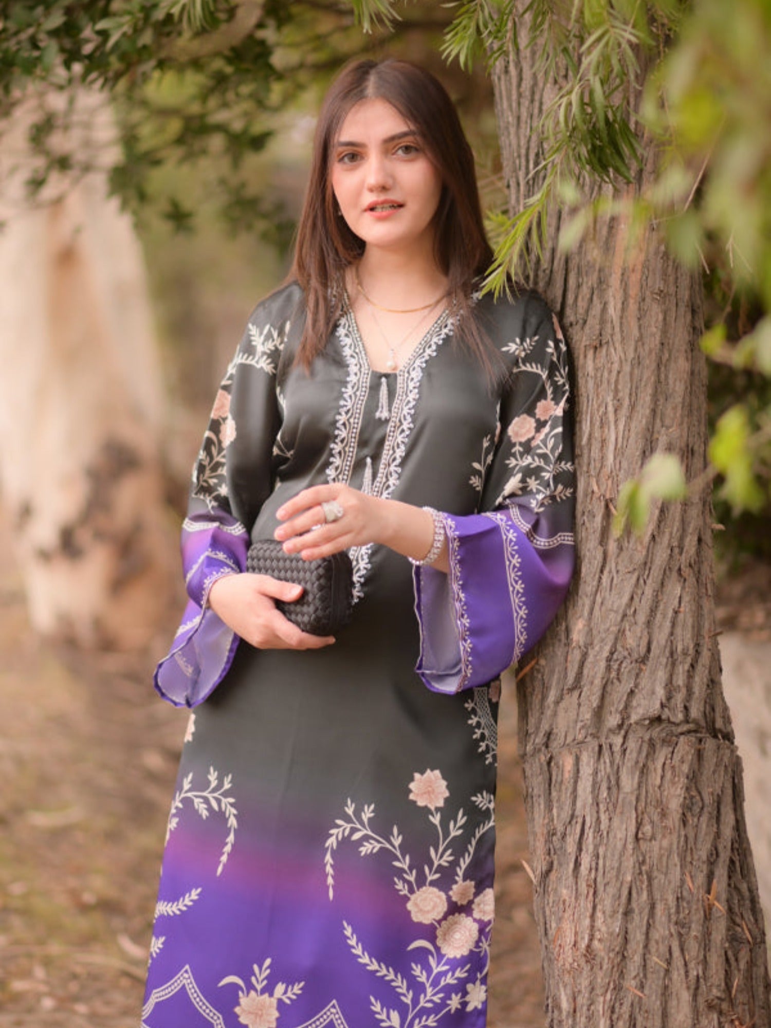 Purple black MH Cloth House Silk Printed Stitched 2-Piece Suit-Husnara
