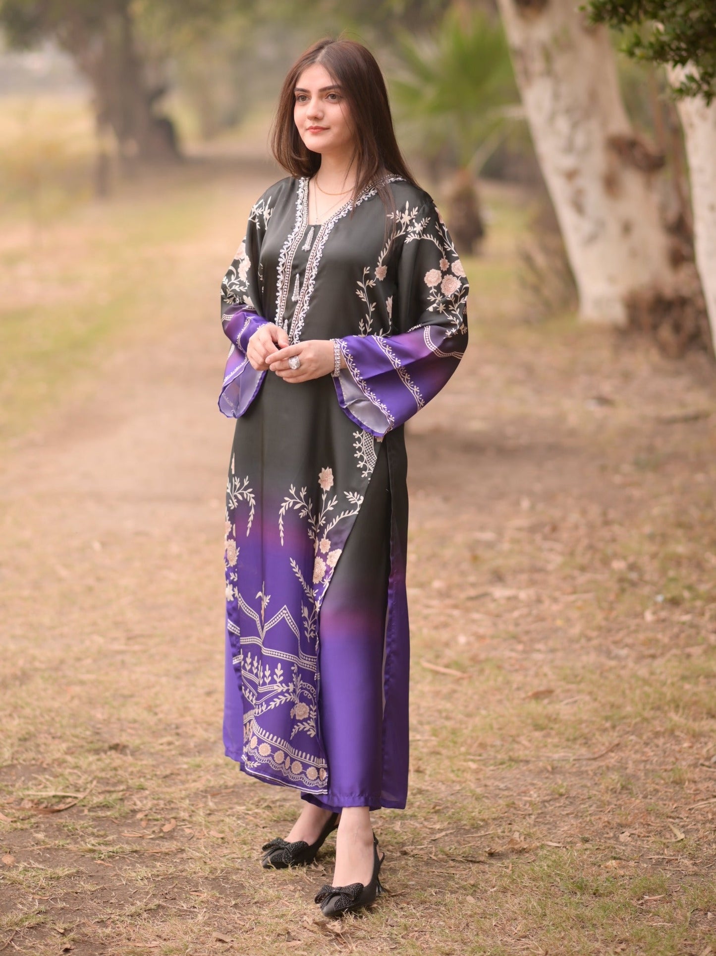 Purple black MH Cloth House Silk Printed Stitched 2-Piece Suit-Husnara
