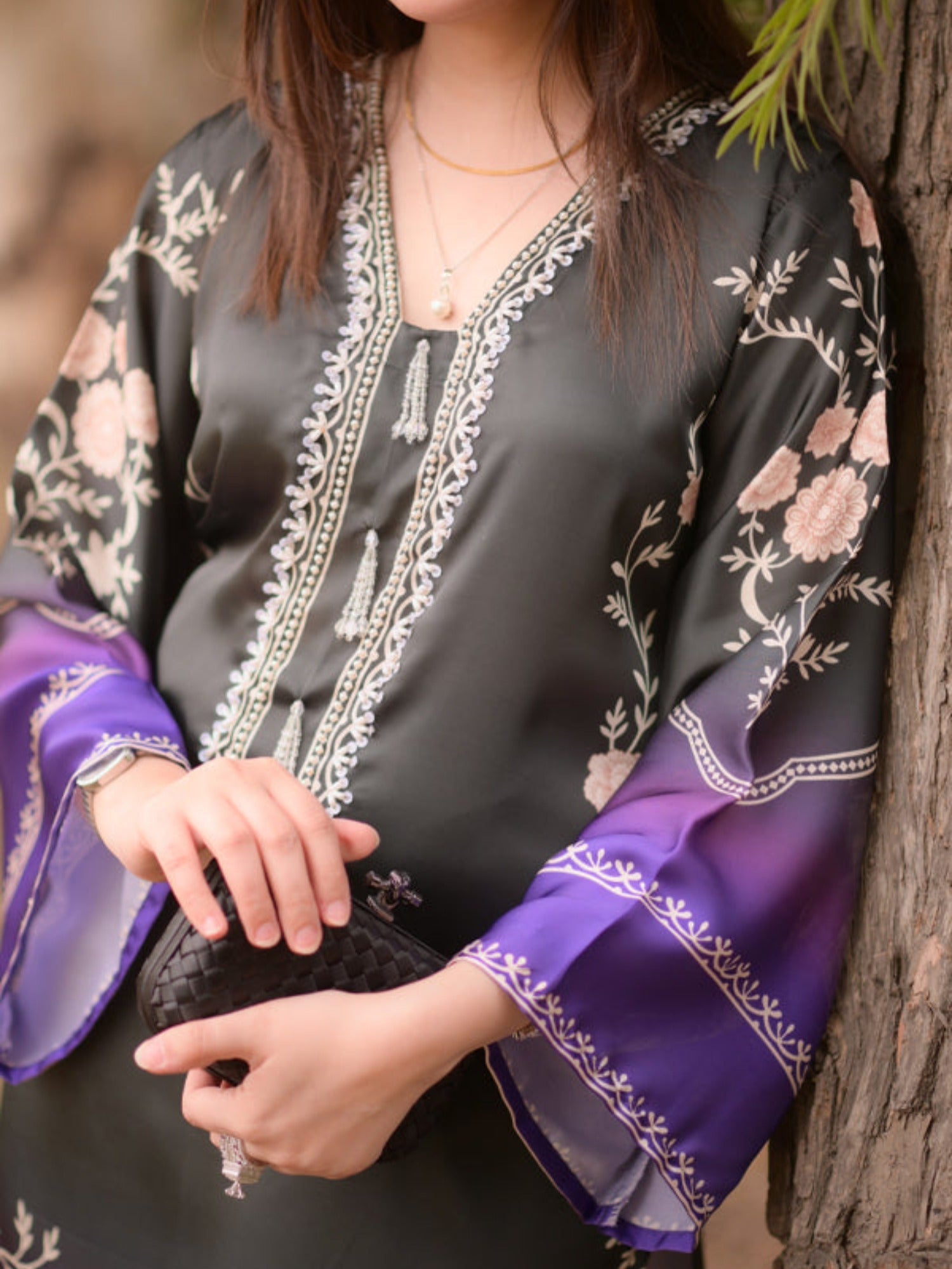 Purple black MH Cloth House Silk Printed Stitched 2-Piece Suit-Husnara