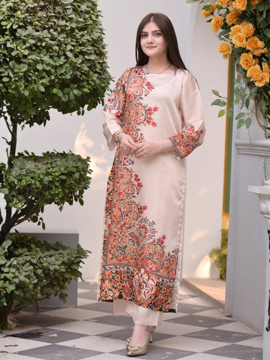 Beige MH Cloth House Silk Embroidered Stitched 2-Piece Suit-Zar-E-Kashan
