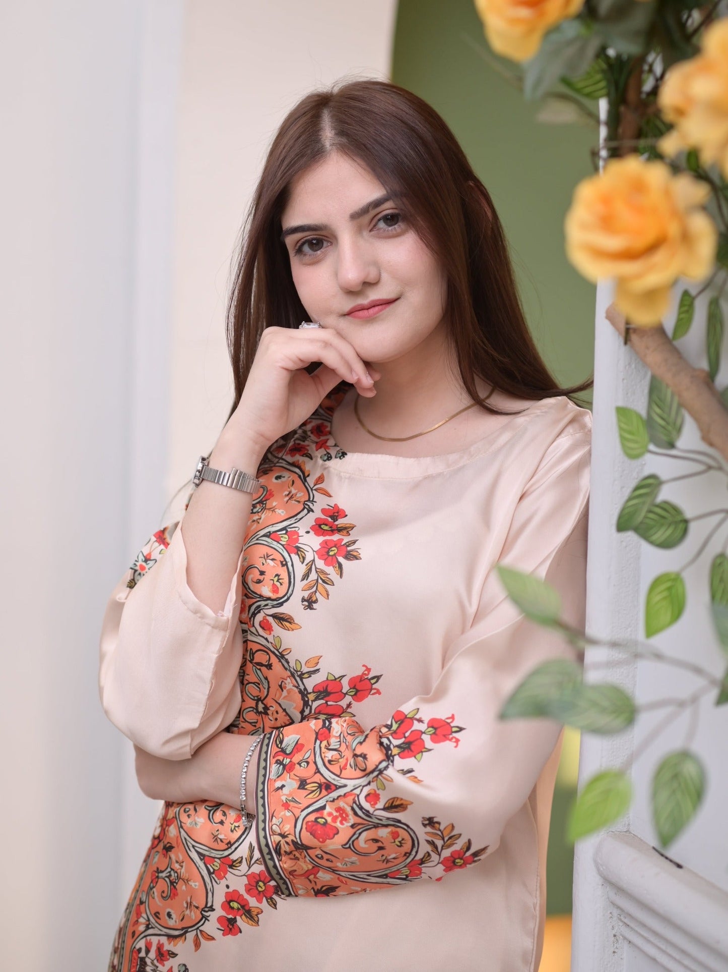 Beige MH Cloth House Silk Embroidered Stitched 2-Piece Suit-Zar-E-Kashan