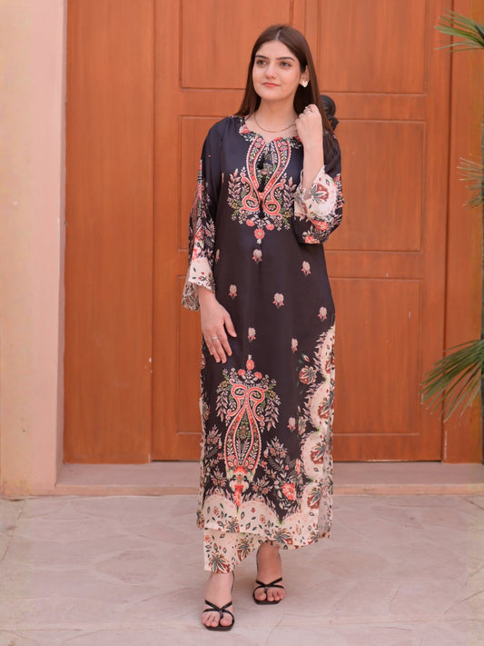 Black Multi MH Cloth House Silk Embroidered Stitched 2-Piece Suit-Khumaar