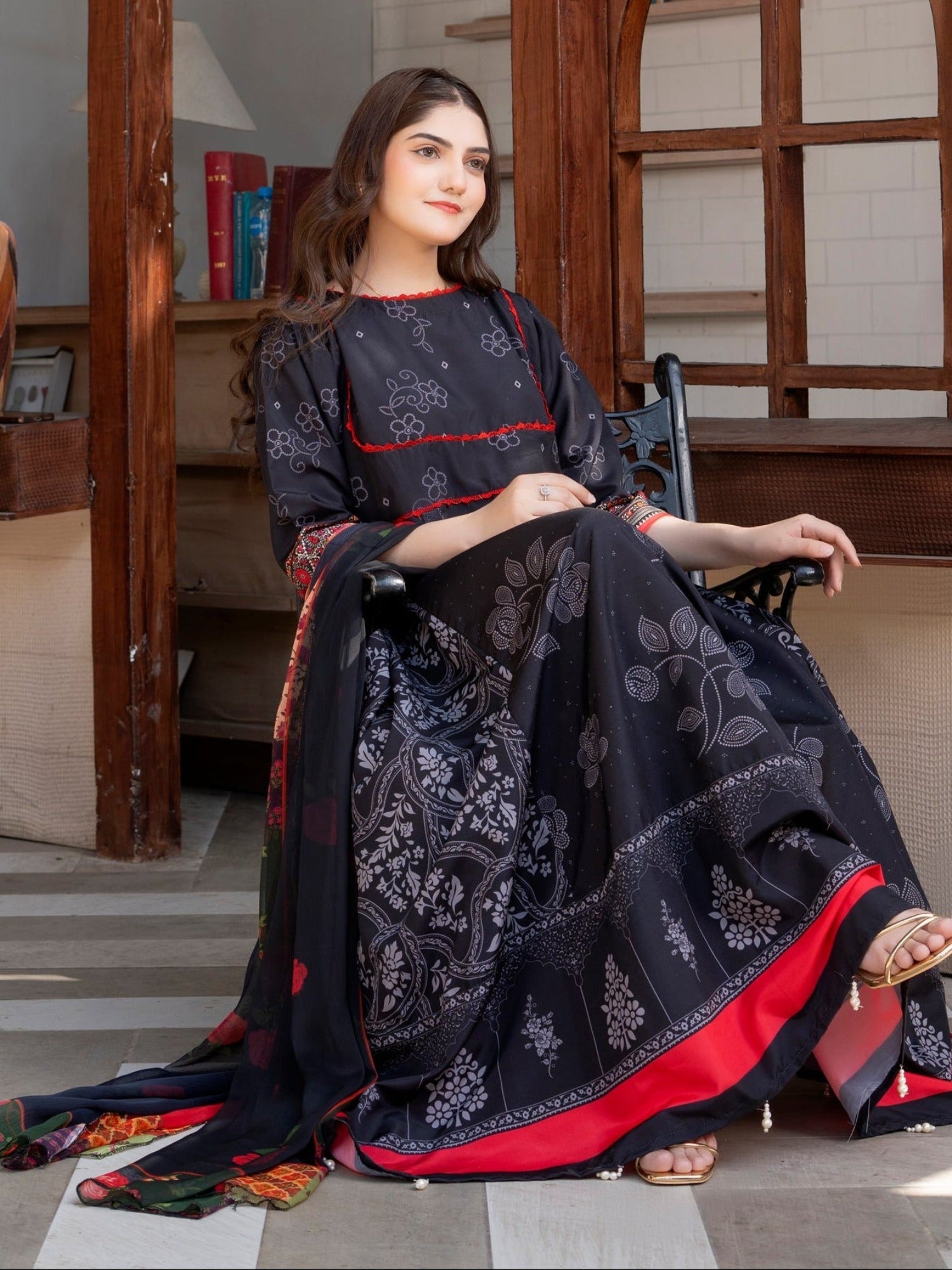 Black Red MH Cloth House Blended Lawn Printed Stitched 2-Piece Suit-Surkh Bahar