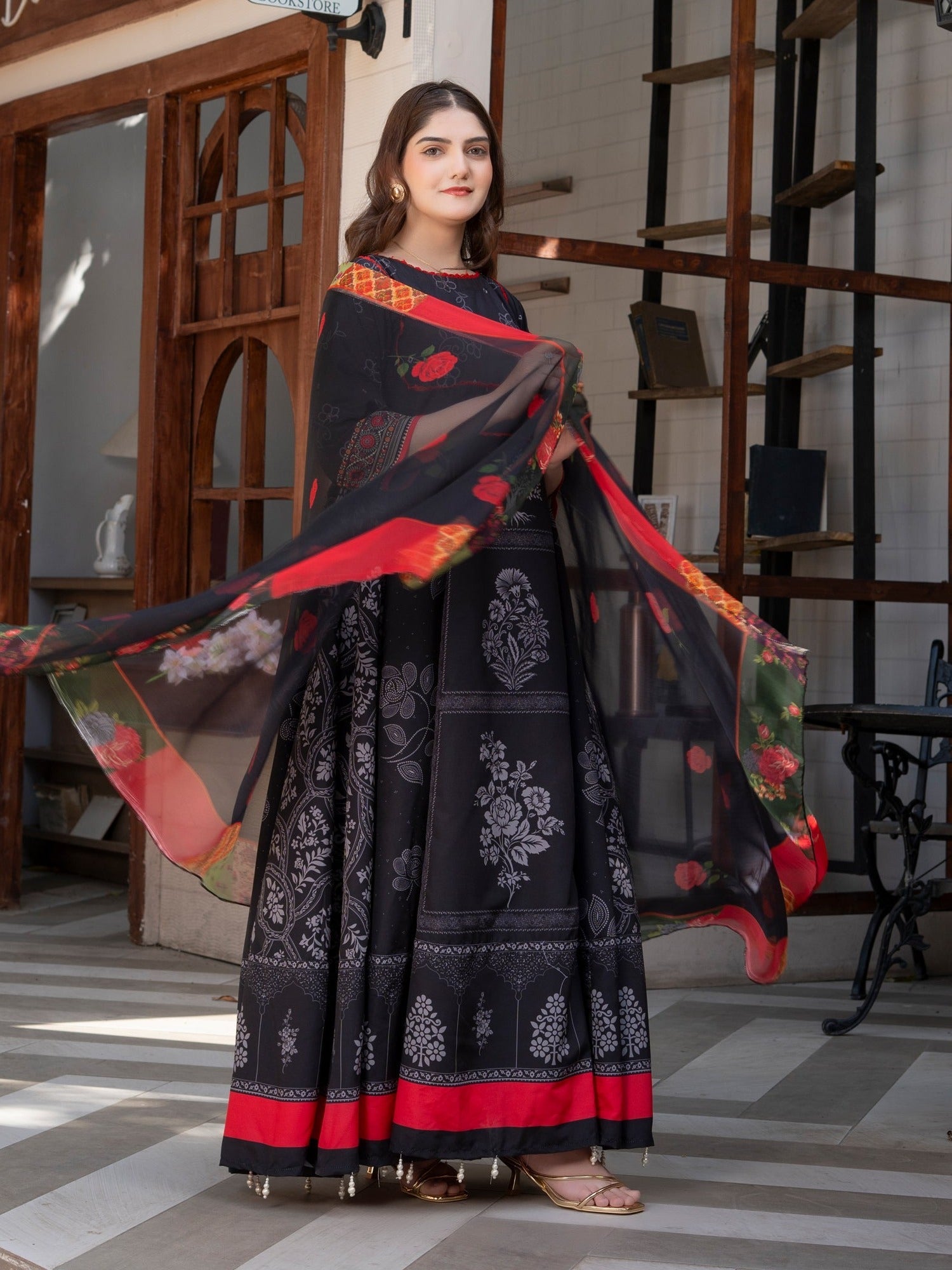 Black Red MH Cloth House Blended Lawn Printed Stitched 2-Piece Suit-Surkh Bahar