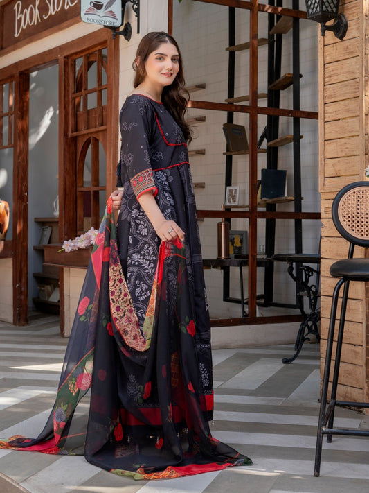 Black Red MH Cloth House Blended Lawn Printed Stitched 2-Piece Suit-Surkh Bahar