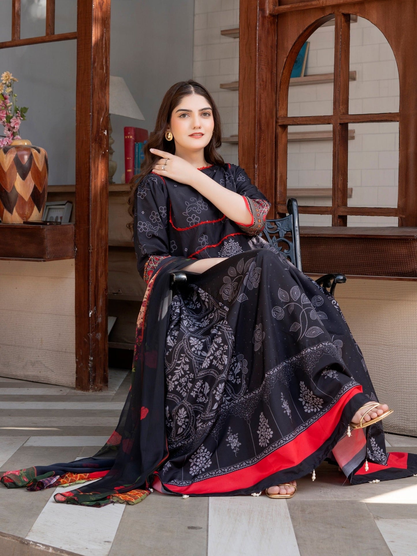 Black Red MH Cloth House Blended Lawn Printed Stitched 2-Piece Suit-Surkh Bahar