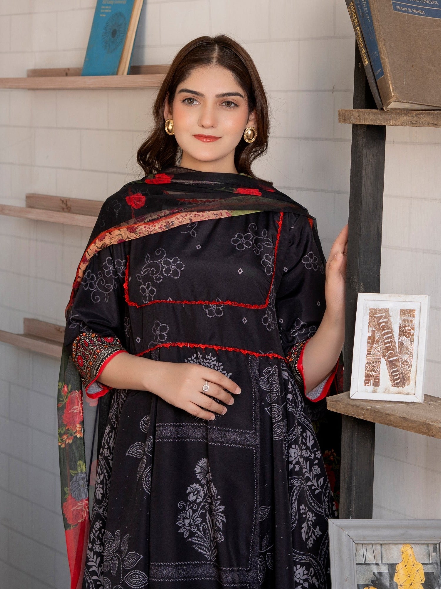 Black Red MH Cloth House Blended Lawn Printed Stitched 2-Piece Suit-Surkh Bahar